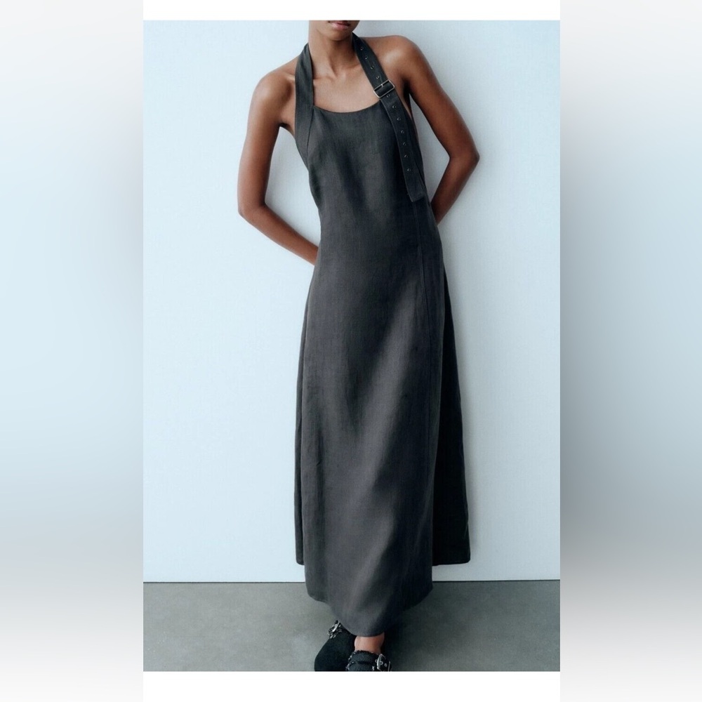 ZARA FW24 WOMAN MIDI 100%LINEN HALTERNECK DRESS OPEN BACK GREY M XL7892/736 NWT